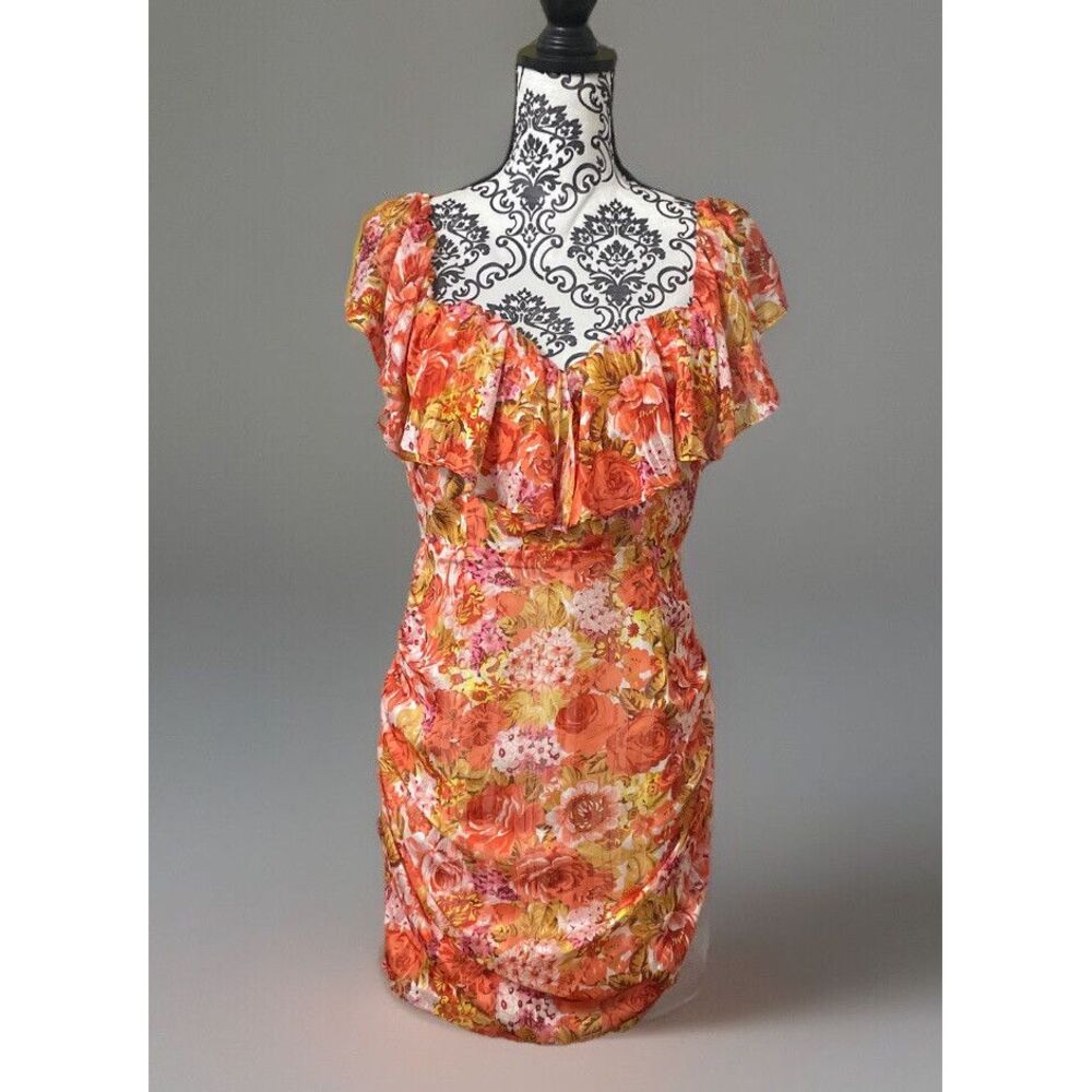 Runaway β¨USA 8 Red Orange Satin Crepeβ Floral Stripe Mini Party Cocktail
